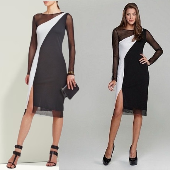 BCBGMaxAzria Colorblock Sheath Lace Long Sleeves White Black Stretchy Formal XS - Picture 1 of 13